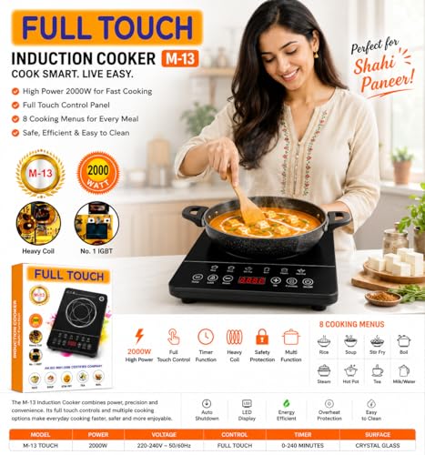 Image of M-13 Touch Induction Cooktop, 2000W, Full Touch Control, 8 Cooking Menus, Timer Function, Crystal Glass Surface