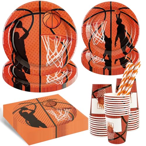 Lot de 50 vaisselle de fête de basket-ball - Décoration d'anniversaire pour enfants - Orange - Assiettes, gobelets, serviettes, paille - Pour les amoureux - Anniversaire d'enfant - 10 personnes