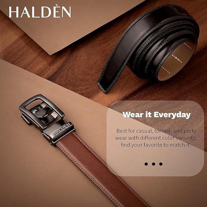 Image of HALDEN THEO Brown Belt For Men Leather Original (Adjustable Fits Up to 44 Inch Waist) Ratchet Strap with Classic Buckle & Magnetic Auto-lock