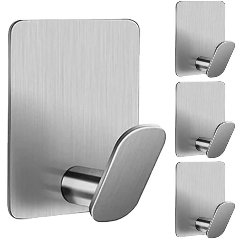 Ganchos adhesivos para toallas de pared, ganchos resistentes para colgar en la pared, colgar ropa, sombreros, baño, cocina, gancho para colgar de acero inoxidable 304, paquete de 4, plateado, 1