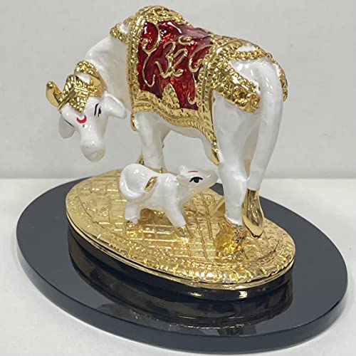 Image of Kamdhenu Cow & Calf Murti Idol-3 Inches, Polyresin Gold Plating using Electroplating | Handcrafted Showpiece Statue for Gifting, Office, Home Decor | Spiritual Vastu Figurine Sculpture