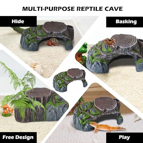 Image of Resin Reptile Hide Cave,Leopard Gecko Cave Hideout Reptiles Habitat Tree Stump Decor Lizard Tank Climbing Ramp Basking Platform Accessories for Gecko Hermit Crab Small Turtle Frog Spider Scorpion