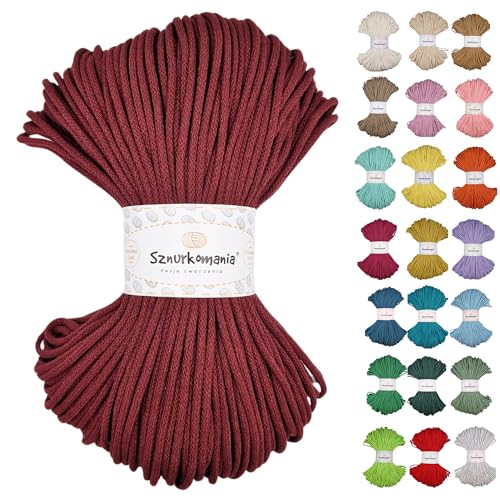 Sznurkomania, Cordón de algodón trenzado de 3 mm, 100 m, 46 colores, cordón de ganchillo, cordón de macramé, hilo de macramé, hilo premium, cuerda de macramé, (borgoña)