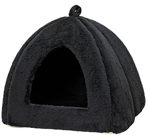 PetStyle ペットベッド 猫 犬 ベッド 冬 ハウス ドーム おしゃれ 洗える ペット 暖かい ふわふわ もこもこ ボア 犬用ベッド ネコベッド ピラミッドハウス Mサイズ (秋冬/ブラック)