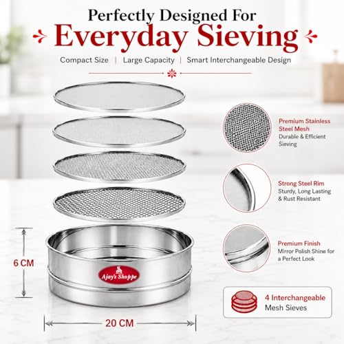 Image of Ajay's Shoppe Stainless Steel 4-in-1 Flour Sieve Set 20 CM | Atta Chalni with 4 Interchangeable Mesh Sieves for Maida, Besan, Suji & Spice Straining