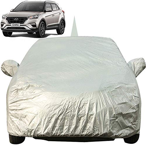 Image of Autofact Waterproof Car Body Cover for Hyundai Creta with Mirror and Antenna Pocket (Light Weight, Triple Stitched, Heavy Buckle, Bottom Fully Elastic, Silver Matty)