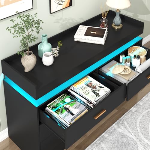 Hlivelood 6 Drawer Dresser with LED Light and Charging Station, Modern Chest of Drawers for Closet, Wide Drawer Organizer Cabinet for Bedroom, Living Room, Entryway, Hallway(Black)