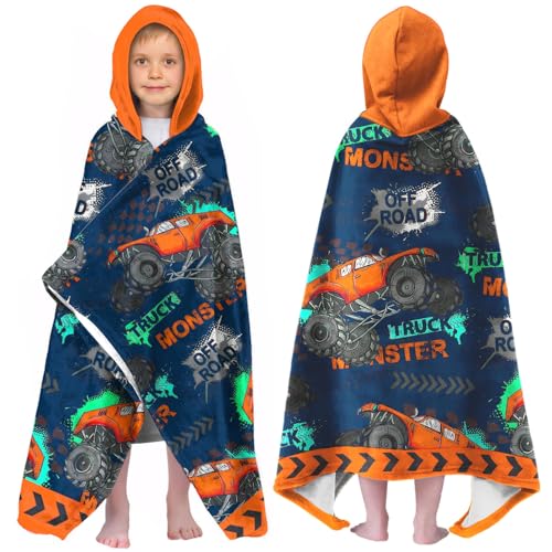 Image of Car Bath Towels Shower Wrap for Boys, Engineering Vehicle Boys Beach Towel with Hoodie for Kids Toddlers Age 4-8, Hooded Poncho Beach Blanket for Pool Swimming Cute Wearable Bath Towel for Child