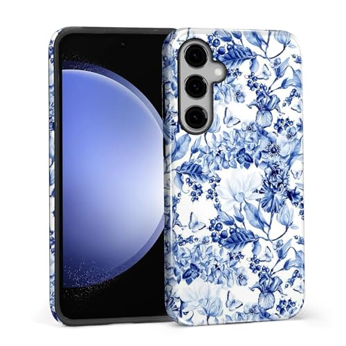 Compatible with Samsung Galaxy S23 FE Case - Dual-Layer Protection, Hard Shell with Silicone Interior,Slim Scratch Resistant Shockproof for Woman Men- Blue Elegant Flower