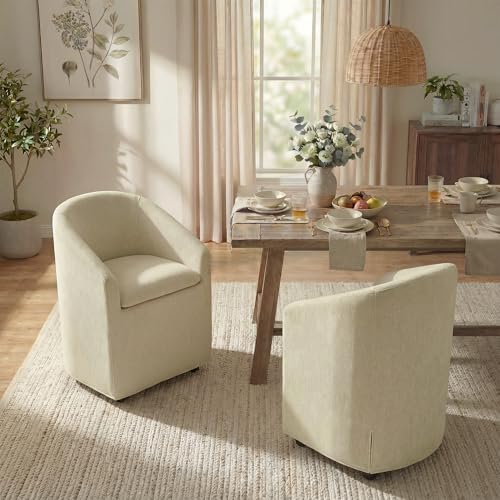 Image of KISLOT Upholstered Dining Chairs with Casters, Washable Cover Modern Dining Room Chairs with Barrel Backrest & Dual Armrest for Kitchen, Living Room, Bedroom, Sand Fabric, 2PCS