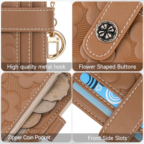 Image of RFID Wallet Women,Slim Small Wallets Embossed Flower Leather Bifold Compact Ladies Girls Wallet with Credit Card Holder Zipper Coin Pocket Brown