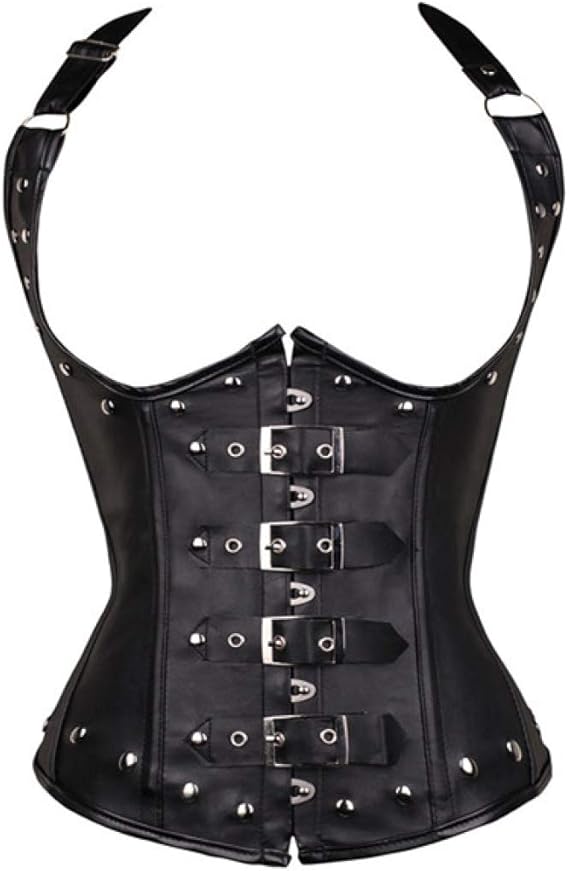 Women's Spiral Steel Boned Corset Faux Leather Underbust Bustier Buckle