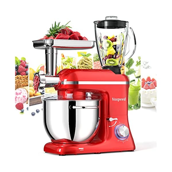 Vospeed 5 IN 1 Stand Mixer, 850W Tilt-Head Multifunctional Electric Mixer with 7.5 QT Stainless Steel Bowl, 1.5L Glass Jar, Meat Grinder, Hook, Whisk, Beater Dishwasher Safe - Red
