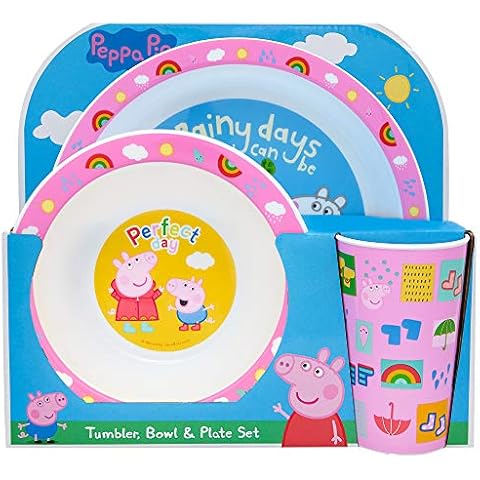 Peppa Pig Perfect Day Kids Tableware 3 Piece Reusable PP Plate, Bowl & Cup Children - Peppa, George Tumbler & Dinnerware Set for Mealtimes - for 24 Months & Up, Re-usable Plastic, Pink Cover