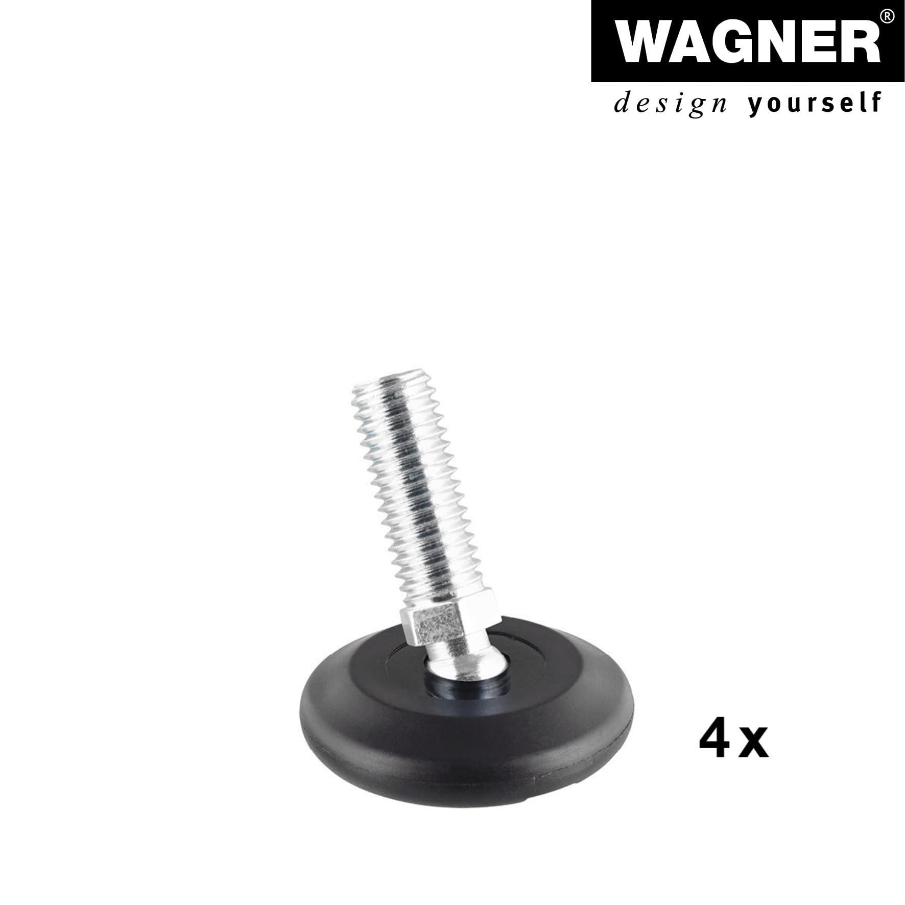 WAGNER Zestaw 4 stopek/stopek do poziomowania z przegubem kulowym Ø 37 mm, czarny, trzpień gwintowany M10 x 25 mm, ślizgacze meblowe - tworzywo sztuczne czarne - średnica Ø 30 mm wraz z - Made in DE -