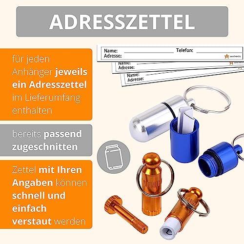 AMATHINGS Adressanhänger Hund (2 cm Länge – 6 Stück – Silber) – Halsband Anhänger für Haustiere mit Zettel zum Beschriften – Wasserdichte Anhänger Hundehalsband mit Schraubverschluss