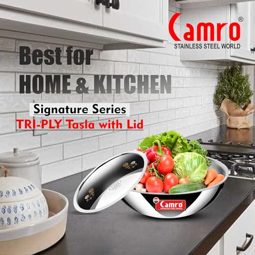 Image of Camro Triply Artisian Tasla (1.2 Liters, 20 Cm) with Steel Lid | Stainless Steel Induction Friendly | 3-Layer Body, Dishwasher Safe | 6 Years Warranty