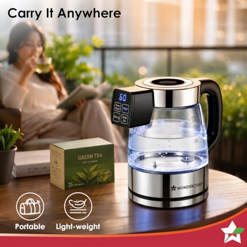 Image of Wonderchef Crystal Tap & Flow Glass Kettle & Hot Water Dispenser, 1.7 L Borosilicate Glass Jar, Built-in Battery, Temperature Sensor & Control, Multi-purpose, Portable inside Homes, 1-Yr Warranty