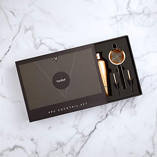 Vonshef Parisian Cocktail Shaker Barware Set In Gift Box With Recipe Guide, Cocktail Strainers, Twisted Bar Spoon, Jigger, Muddler And Pourers, 9 Piece Set, 17Oz (Rose Gold) #TOP6