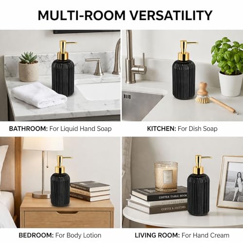 Image of Luxe Home International Vertical Ribber Pattern Glass Soap Dispenser for Bathroom and Kitchen Sink Leak Proof Liquid Hand Wash Round Bottle Lightweight Smooth Finish (19.5x7.5 cm Black) Pack of 1