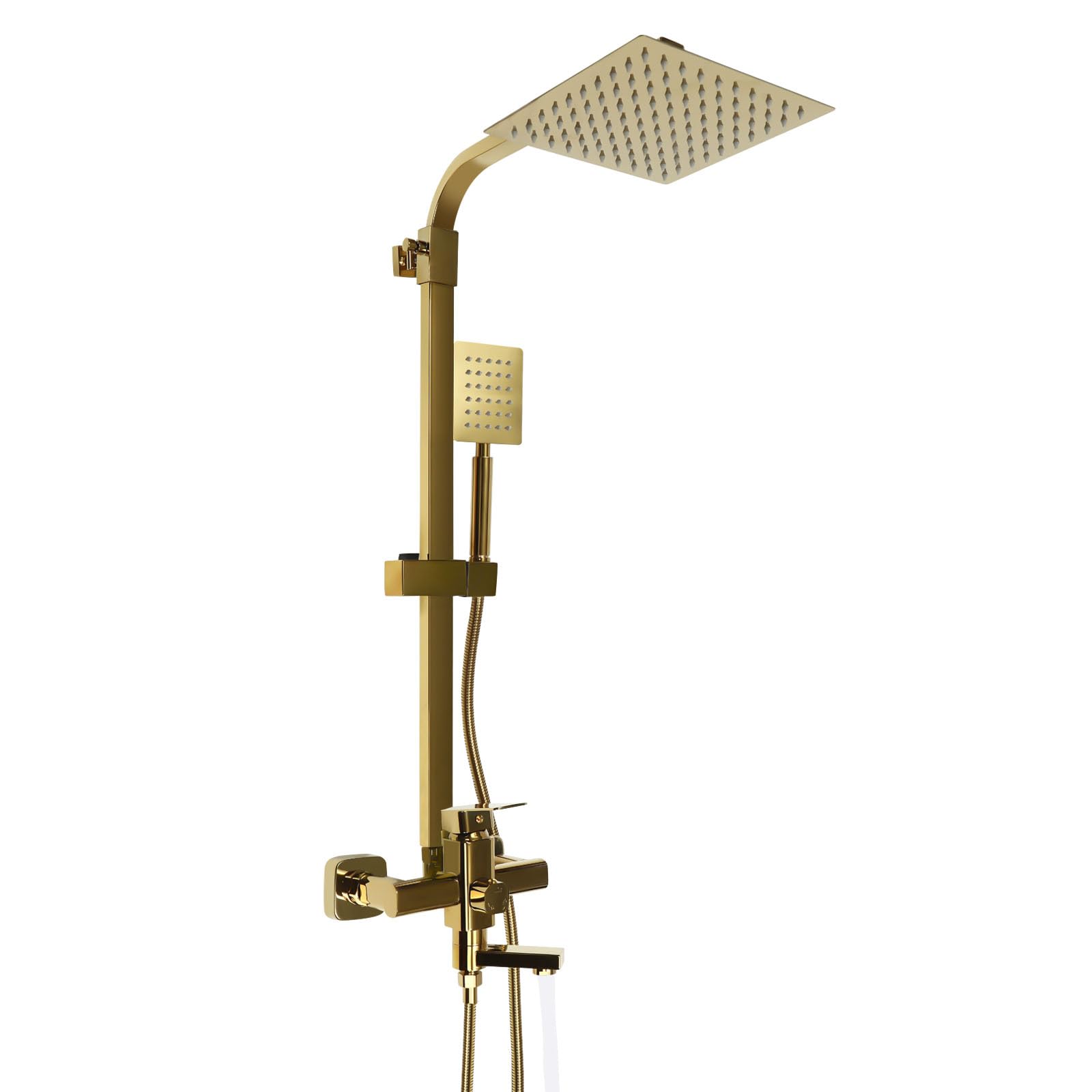 Deszczownica system prysznicowy, kompletny zestaw 3 w 1, złoty mosiądz, regulacja wysokości 85-124 cm z 20 cm słuchawką prysznicową, słuchawka prysznicowa, armatura wannowa 1,5 m, wąż ze stali