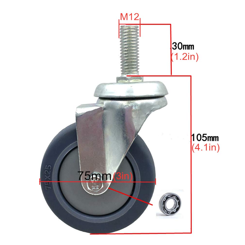 Ruote girevoli resistenti da 7,6 cm con freno in gomma per carrelli per mobili, carrelli ed elettrodomestici, ricambio perfetto per un facile movimento