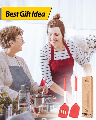 Image of Pack of 2 Silicone Solid Turner, Non Stick Slotted Kitchen Spatulas, High Heat Resistant BPA Free Cooking Utensils, Ideal Cookware for Fish, Eggs, Pancakes(Red)