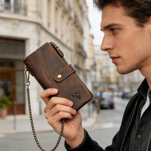 Image of Genuine Crazy Horse Leather Travel Gift Coin Pocket Card Case Long Organizer Chain Rfid Wallet Purse With Snap For Men Male 1803 1815 (1803 Brown)