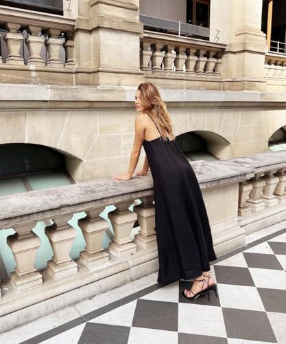Image of Senllen Women's Linen Dress Summer Loose Flowy Sundress Contrast Spaghetti Strap Sleeveless Backless Beach Maxi Long Dresses