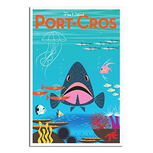 RONGCHENG Port-Cros Poster de voyage vintage sur toile Motif poissons de mer