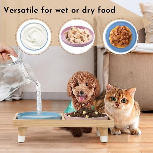 JAZUIHA Katzennapf Erhöht inkl. 2 Flache und breite Schalen, Futterstation mit Holzständer und Silikon Futternapf für Katzen D 18 cm