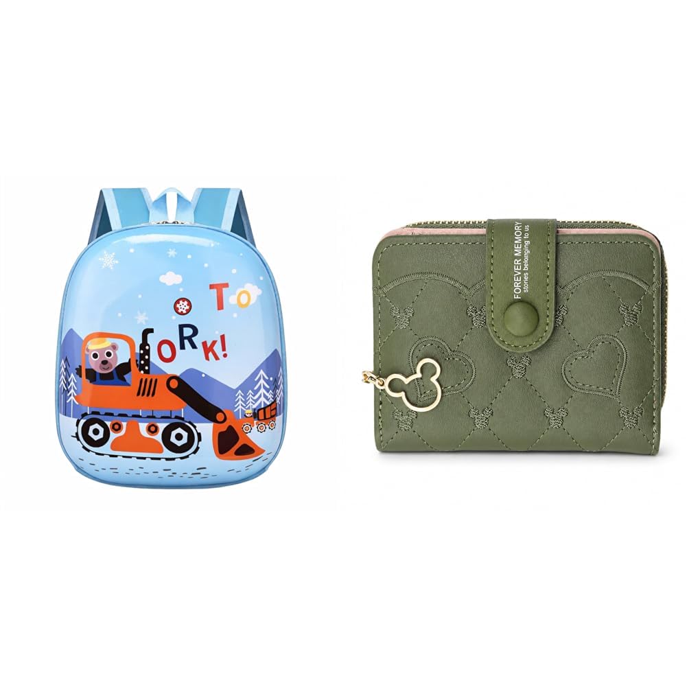 kids backpack – cute excavator design, waterproof school bag for 2 to 4 years school + women's short zipper buckle heart shaped wallet with key chain, cute for girls wallet coin & card