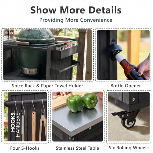 Image of Merax 80.5 inch Outdoor Kitchen Island for Big Green Egg& Blackstone Griddle, Solid Wood Grill Cart Table with Stainless Steel Top, Drawer for Large Big Green Egg and 21 inch /28 inch Blackstone Griddle, Black