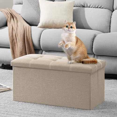 صندوق تخزين بنمط عثماني وتصميم قابل للطي لتخزين الألعاب مع مقعد مبطن ومسند قدم لغرفة النوم والممر وغرفة المعيشة والسكن الجامعي من وينسويا (لون بيج مقاس 76 × 38 × 38 سم)