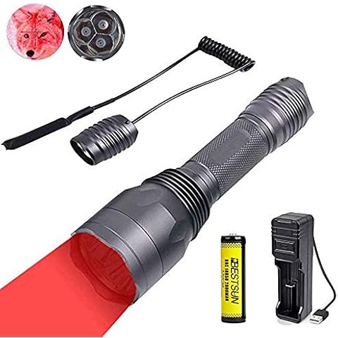 Tactical Hunting Torch with Red Light, Hunting Gear Flashlight Kit Rechargeable for Coyote Hog Fox Powerful by 3X XP-E2 LED Beams 650 Lumen 300 Yards 1 Mode with Pressure Switch Cover