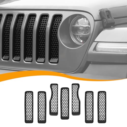 Image of Hoolcar Front Grill Insert Cover Trim Kit Compatible with Jeep Wrangler JL JLU 2018-2024 2025 Front Honeycomb Grille Cover Guard Exterior Accessories, Black, 7 PCs