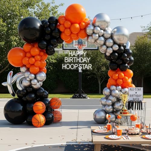 Image of Orange Black Silver Balloon Arch Kit for Halloween Decorations | 5,12,18 Inch, 133 Pcs for bold Halloween, trick or treat party, graduation, basketball party backdrops