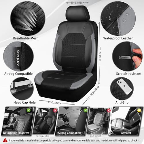 Image of CAR PASS Leather Car Seat Covers Front Seats only, with Air Mesh Front Seat Covers Breathable, Cool Automotive Seat Covers 2 Pack, Universal Fit Most Cars,SUV,Truck,Van Airbag Compatible(Black Gray)