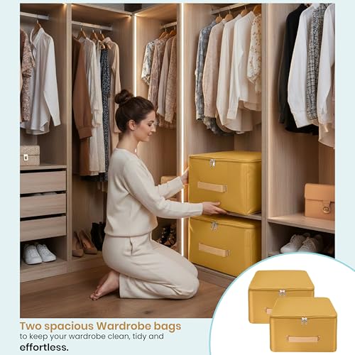 Image of Storite 5 Pack Nylon Wardrobe Bag Underbed Moisture Proof Cloth Storage Organizer, Storage box for Clothes Saree Bags with Zippered Closure & Handle (Mustard, 38x35.5x24 cm) Square