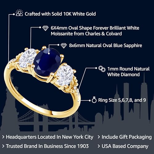 Gem Stone King 2.84 Cttw 10K Yellow Gold Blue Sapphire White Moissanite and Diamond 3-Stone Engagement Ring | Gemstone Birthstone | 3 Stone Wedding Anniversary Promise Ring For Women2