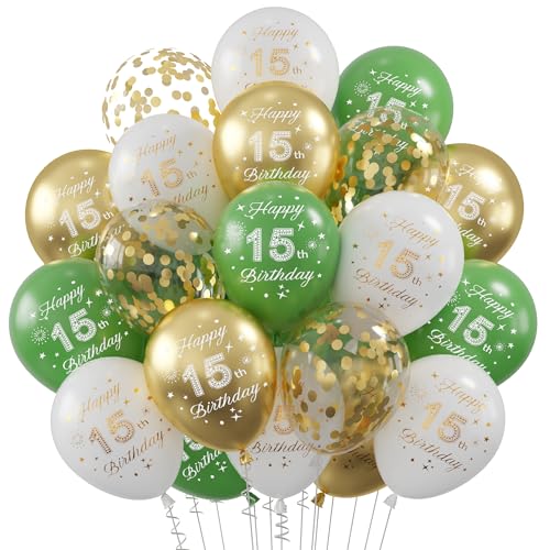Decoración 15 Años Cumpleaños, 30 Piezas Verde Blanco Oro Globos, Globo 15 Cumpleaños, Decoraciones Fiesta Oro Verde 15er Globos, Globo Cumpleaño 15 Años para Hombres y Mujeres Decoración de Fiestas