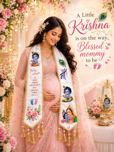 Image of Mom to Be Baby Shower Dupatta for Godh Bharai and baby shower Stoles with Bal Krishna Print, Ceremonial Festive Seemantham Functions FREE Shreenathji Brooch Pin for Dad to Be
