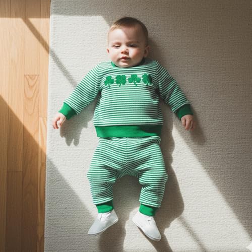 Image of Toddler Baby Boy St Patricks Day Outfit Infant Lucky Clover Sweatshirt Pants Set Little Kids Spring Warm Clothes