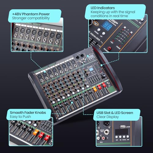 Image of Audio Mixer 8 Channel, Professional Music Sound Mixer Board with 48V Phantom Power, Digital DJ Mixing Console with Reverb USB Port Bluetooth for Recording Karaoke Podcasting