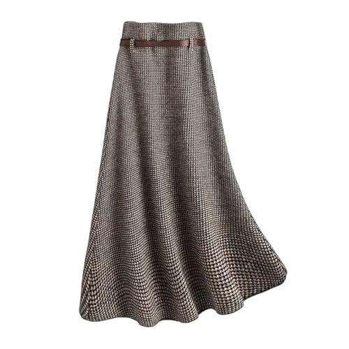 Women's Korean-Style High-Waist Vintage Plaid Belted Slim-Fit Knit Wool Midi Skirt
