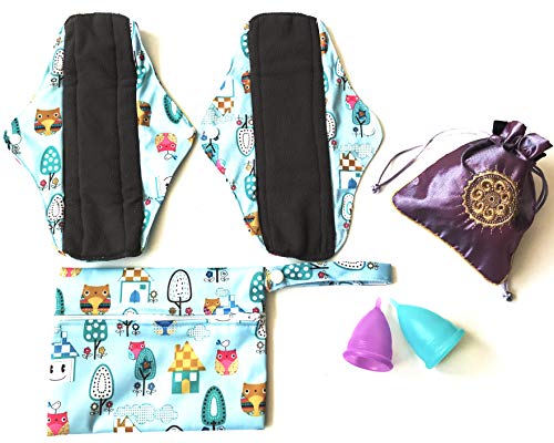 Luna Cup Menstrual Starter Kit 6 pcs Set - 2 Reusable Bamboo Charcoal Cloth Period Pads 2 Menstrual Cups 1 Silky Pouch 1 Small Wet Bag