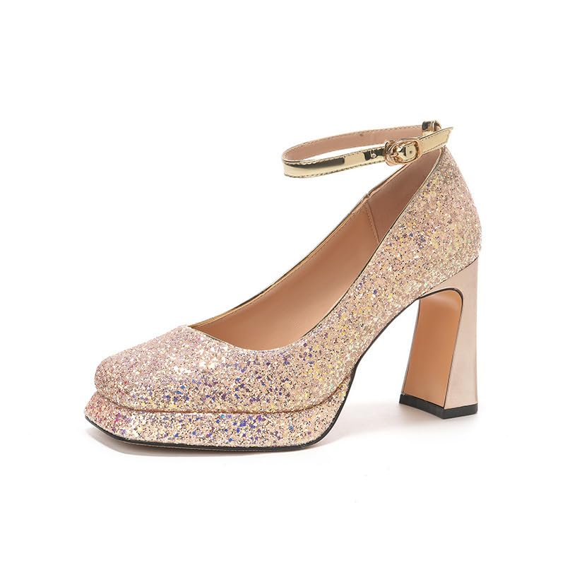 Y9609 platform chunky heel new glitt French wedding shoes bridesmaid shoes ladies with skirt banquet high heels(Champagne,35)