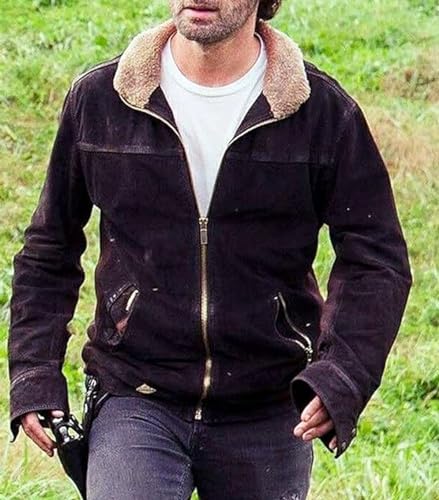 Image of Men's Brown Suede Leather Fur Shearling Collar Jacket - Black Leather Motorcycle Jacket Men - Brown Corduroy Coat