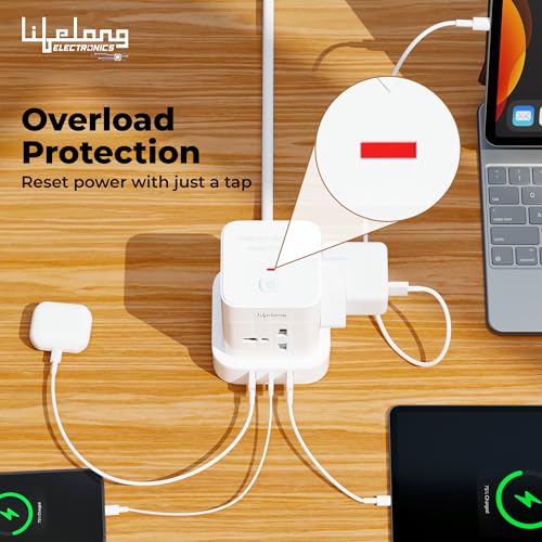 Image of Lifelong Electronics Extension Board 7-in-1 with Switch | 4 AC Sockets + 3 USB Ports (2 Type A + 1 Type C) | Overload Protection | Desk Accessories & Multiplug Gadget | 2M Cord (Model: Cube)