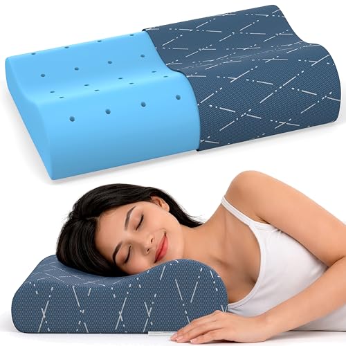 Image of MYARMOR Cool Gel Cervical Pillow for Neck Pain | Contour Design for Neck & Shoulder Pain Relief | Dual Height Ergonomic Support | 18 x 11 x 3.5 Inch | 2 Years Warranty | Blue Checks Cover - Pack of 1